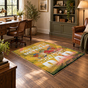 Proud soldier family area rug in yellow, green, orange, and cream, soft surface detail