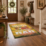 Proud soldier family area rug in yellow, green, orange, and cream, wood floor styling