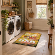 Proud soldier family area rug in yellow, green, orange, and cream, wide interior view