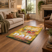 Proud soldier family area rug in yellow, green, orange, and cream, design detail view