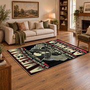 American liberty eagle area rug in black, red, cream, and gold, featured room view