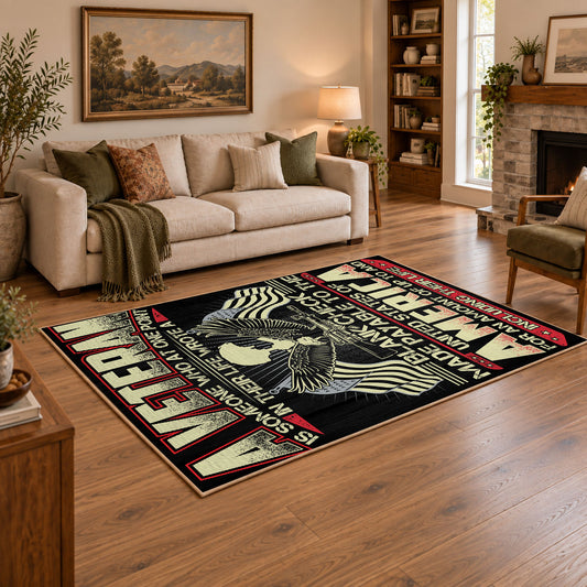 American liberty eagle area rug in black, red, cream, and gold, featured room view