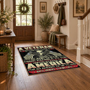 American liberty eagle area rug in black, red, cream, and gold, wood floor styling