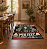 American liberty eagle area rug in black, red, cream, and gold, close decorative detail