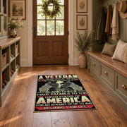 American liberty eagle area rug in black, red, cream, and gold, front room mockup