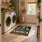 American liberty eagle area rug in black, red, cream, and gold, wide interior view