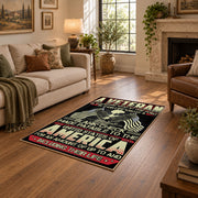 American liberty eagle area rug in black, red, cream, and gold, design detail view