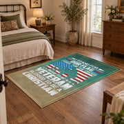 Military service flag area rug in teal, cream, red, and blue, featured room view