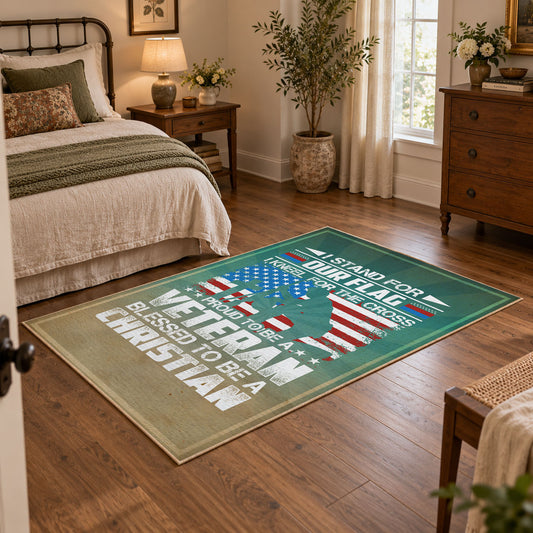 Military service flag area rug in teal, cream, red, and blue, featured room view