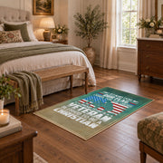 Military service flag area rug in teal, cream, red, and blue, cozy home setting