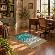 Military service flag area rug in teal, cream, red, and blue, complete product view