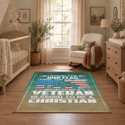 Military service flag area rug in teal, cream, red, and blue, full pattern view