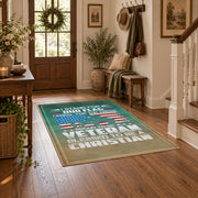 Military service flag area rug in teal, cream, red, and blue, wood floor styling