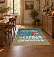 Military service flag area rug in teal, cream, red, and blue, close decorative detail