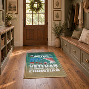 Military service flag area rug in teal, cream, red, and blue, front room mockup