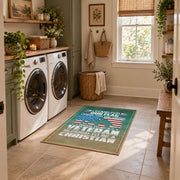 Military service flag area rug in teal, cream, red, and blue, wide interior view