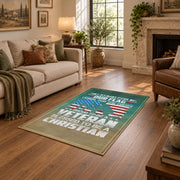 Military service flag area rug in teal, cream, red, and blue, design detail view