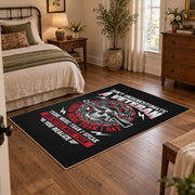 Veteran honor emblem area rug in black, red, gray, and cream, soft surface detail