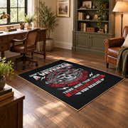 Veteran honor emblem area rug in black, red, gray, and cream, wood floor styling