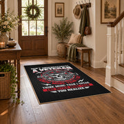 Veteran honor emblem area rug in black, red, gray, and cream, close decorative detail