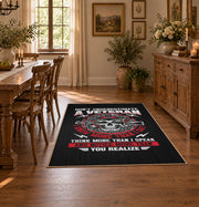 Veteran honor emblem area rug in black, red, gray, and cream, front room mockup