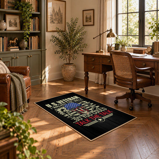 American veteran eagle area rug in black, gold, red, and blue, featured room view