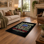 American veteran eagle area rug in black, gold, red, and blue, cozy home setting