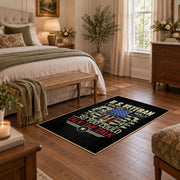 American veteran eagle area rug in black, gold, red, and blue, complete product view