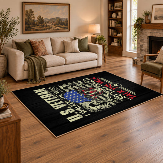 American veteran eagle area rug in black, gold, red, and blue, angled room view