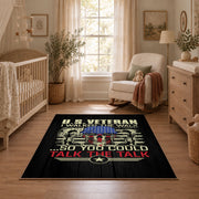 American veteran eagle area rug in black, gold, red, and blue, full pattern view