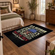 American veteran eagle area rug in black, gold, red, and blue, soft surface detail