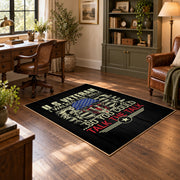 American veteran eagle area rug in black, gold, red, and blue, wood floor styling