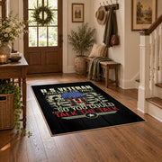 American veteran eagle area rug in black, gold, red, and blue, close decorative detail