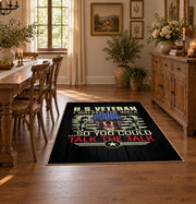American veteran eagle area rug in black, gold, red, and blue, front room mockup