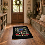 American veteran eagle area rug in black, gold, red, and blue, wide interior view