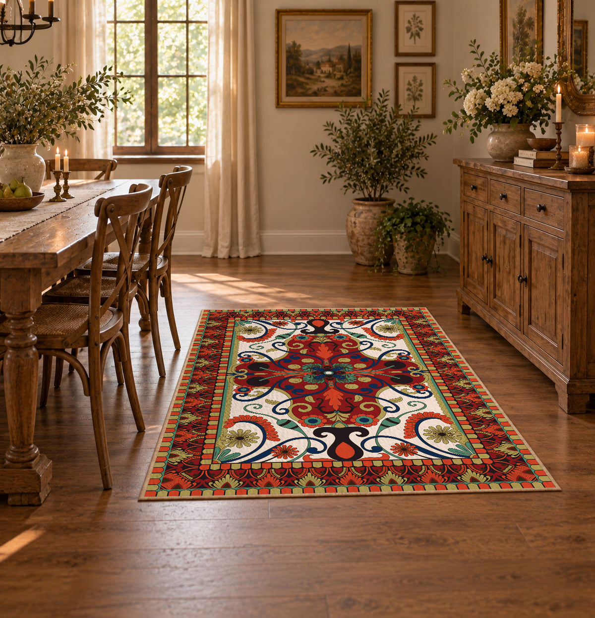 Red and blue ornate floral area rug with a traditional medallion pattern, featured room view