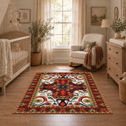 Red and blue ornate floral area rug with a traditional medallion pattern, full pattern view