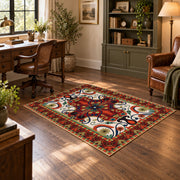 Red and blue ornate floral area rug with a traditional medallion pattern, wood floor styling