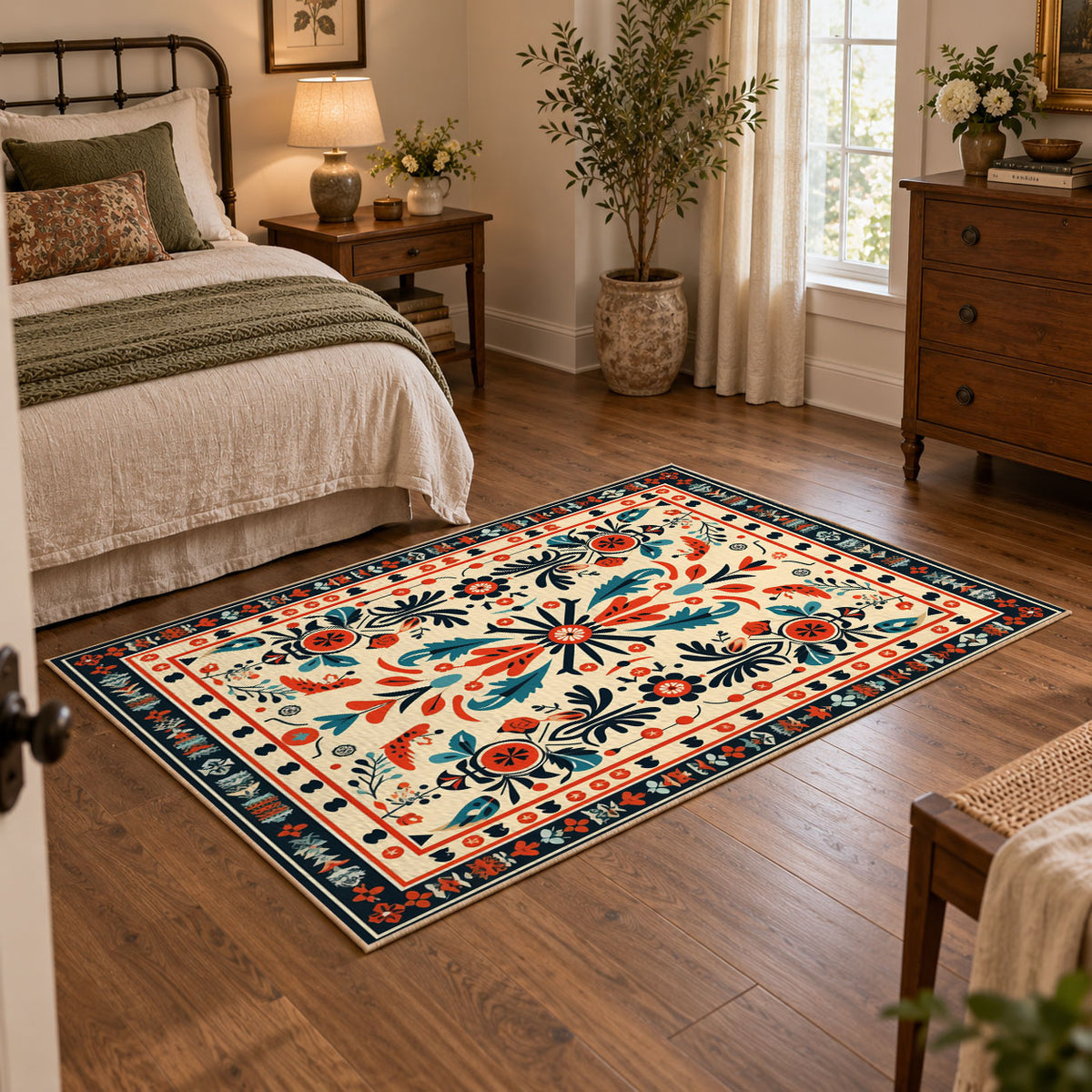 Cream and orange folk floral area rug with a symmetrical traditional pattern, featured room view