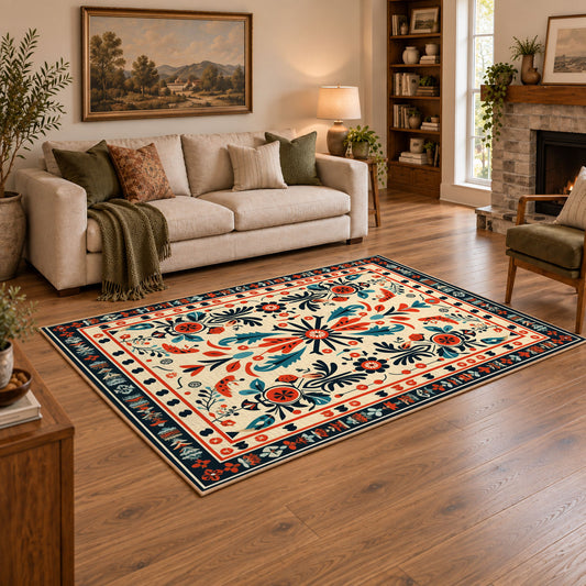 Cream and orange folk floral area rug with a symmetrical traditional pattern, angled room view