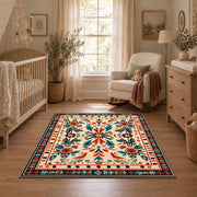 Cream and orange folk floral area rug with a symmetrical traditional pattern, full pattern view