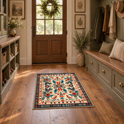 Cream and orange folk floral area rug with a symmetrical traditional pattern, front room mockup