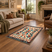 Cream and orange folk floral area rug with a symmetrical traditional pattern, design detail view