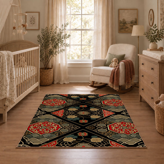 Black patchwork medallion area rug in red, beige, gold, and charcoal, angled room view