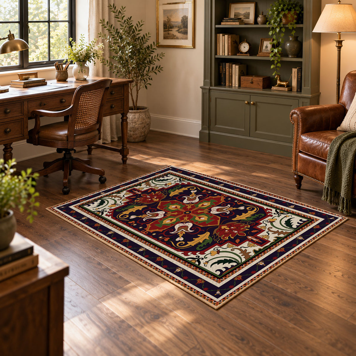 Red and navy Persian medallion area rug with ornate floral details, featured room view