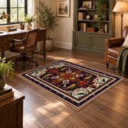 Red and navy Persian medallion area rug with ornate floral details, featured room view