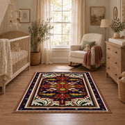 Red and navy Persian medallion area rug with ornate floral details, full pattern view