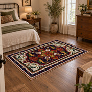 Red and navy Persian medallion area rug with ornate floral details, soft surface detail