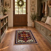 Red and navy Persian medallion area rug with ornate floral details, front room mockup