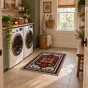 Red and navy Persian medallion area rug with ornate floral details, wide interior view